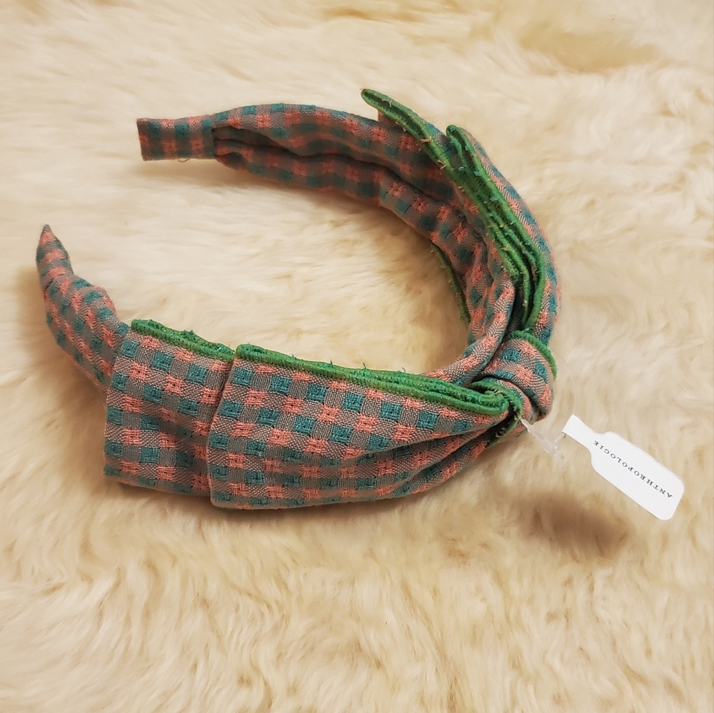 Anthropologie Sienna Bow Gingham Headband- green/pink - Picture 3 of 7